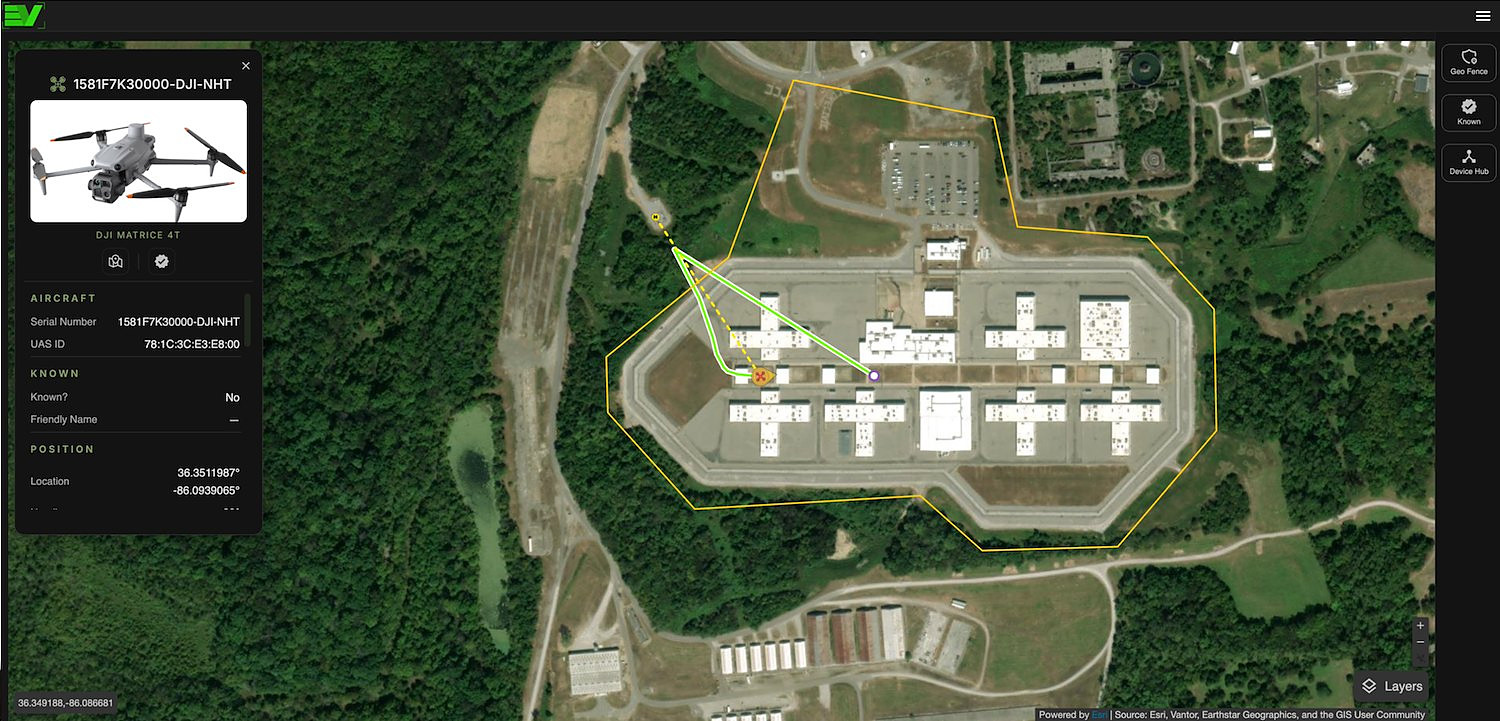 Edge View showing a detected DJI Matrice 4T, its flight track and the operator’s broadcast position over a correctional facility, inside a geofence