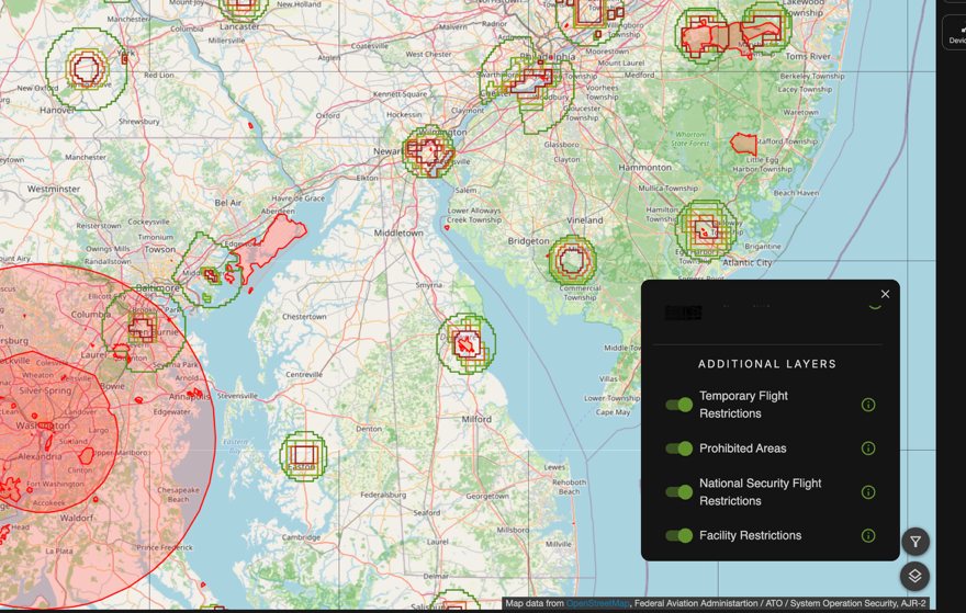 Airspace layers, drawn on the map.
